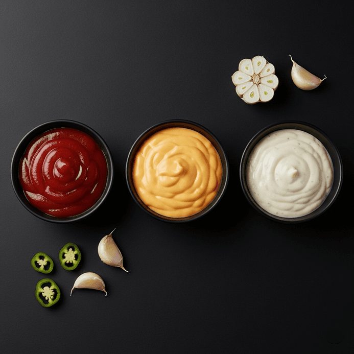 Соусы в ассортименте:
- чесночный
- чесночный с зеленью
- сырный
- грибной
- барбекю
- терияки
- кетчуп
- острый